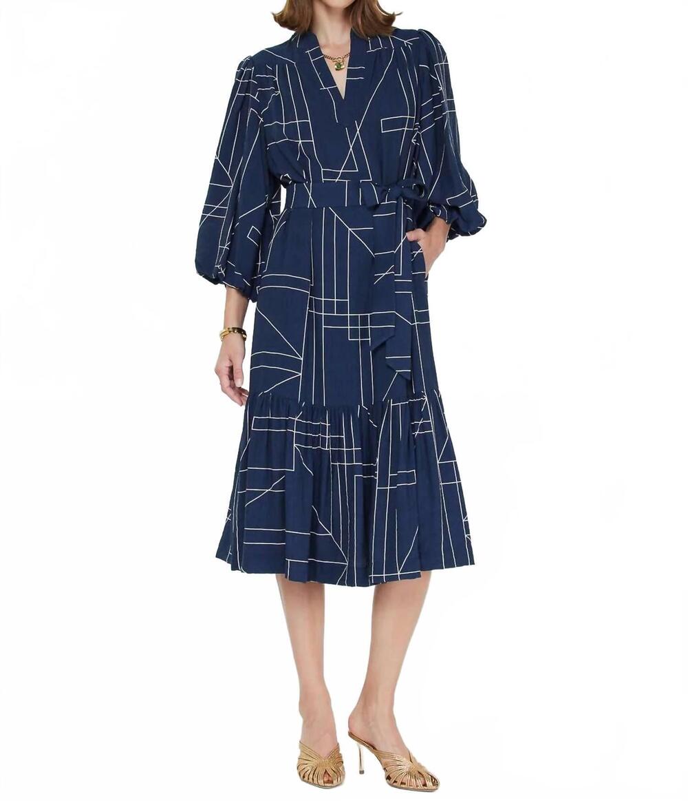 NEW CURRENT AIR geometric printed puff-sleeve midi dress in navy